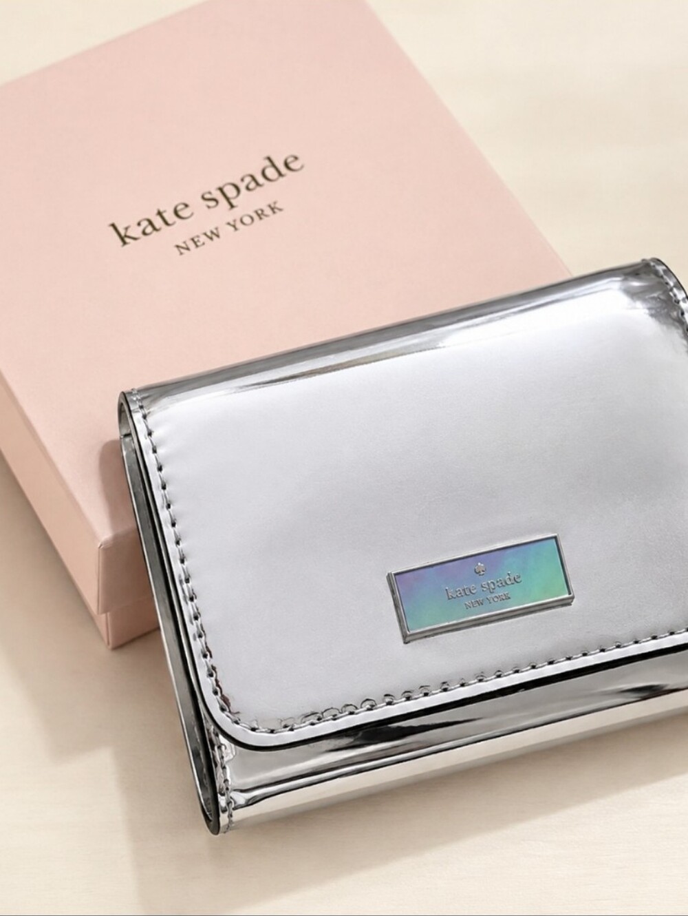 kate spade Silver Metallic Compact Card Wallet with Iridescent Logo Plaque